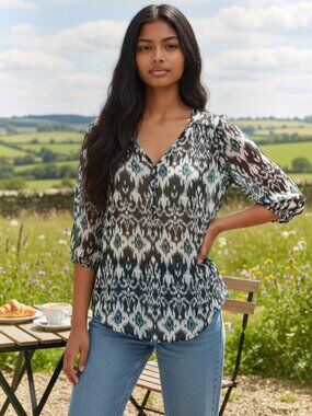 Living Doll Tribal Ikat Print Tunic Top Medium M Black Blue White Boho Blouse